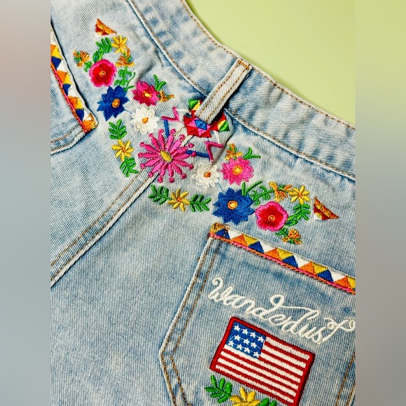 EUC Spell & The Gypsy Light Blue Wanderlust Embroidered Denim Shorts w/ Raw Hem - Picture 8 of 12